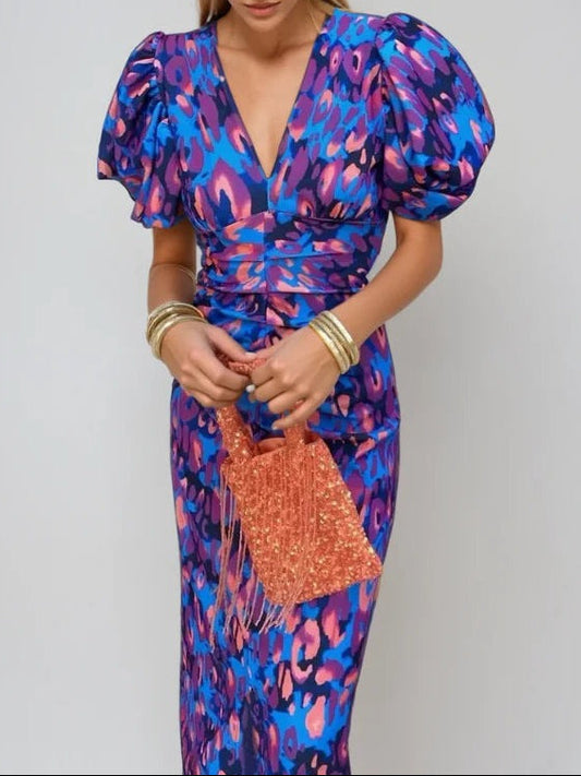 Robe Midi Elegante con Maniche Voluminosas