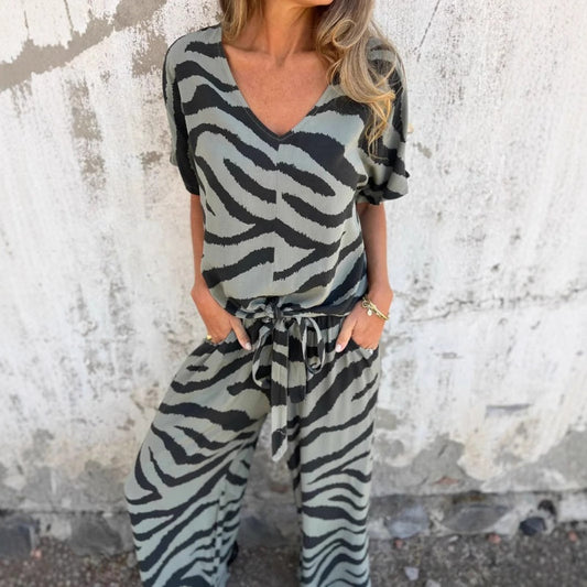 Evelina | Top e Pantaloni di collo a V con Stampa di Cebra