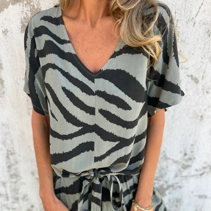 Evelina | Top e Pantaloni di collo a V con Stampa di Cebra