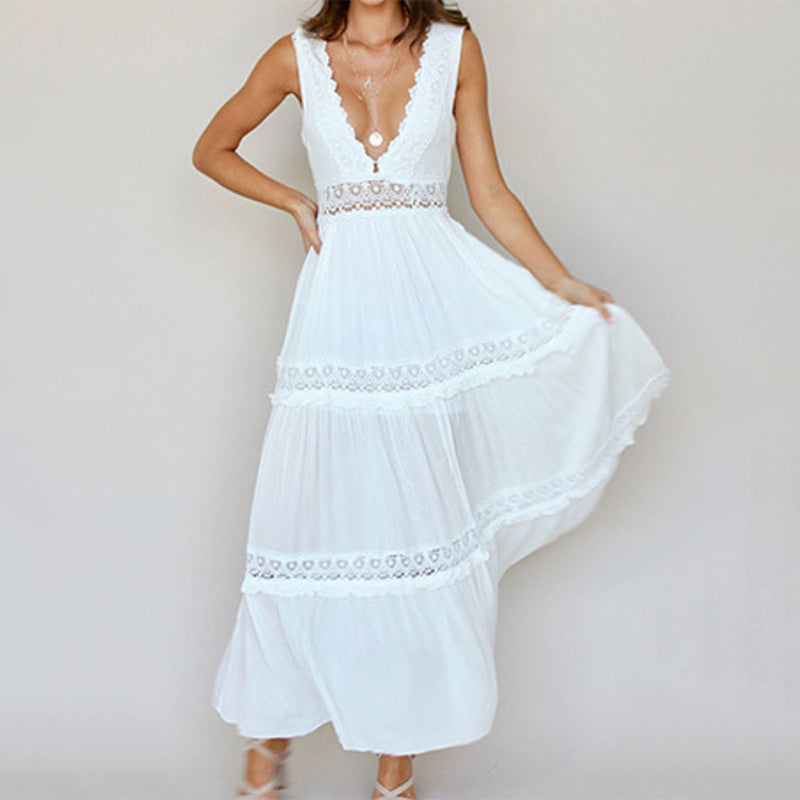 Nancy – Abito maxi con Espalda di Pizzo e Scollo a V