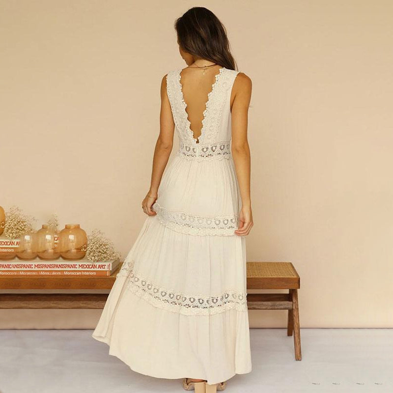 Nancy – Abito maxi con Espalda di Pizzo e Scollo a V