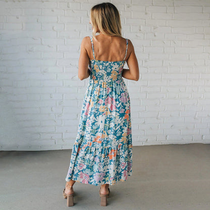 Abito maxi Floreale con Corpo Arricciato e Spalline Regolabili