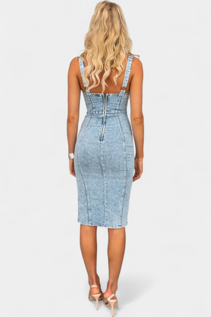 Janessa Abito Denim con Spalline Regolabili e Spacco Frontal