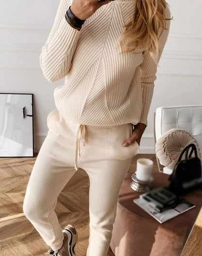 Set di Tuta di Maglia Acanalado di 2 Pezzi per Donne con Joggers e Felpa