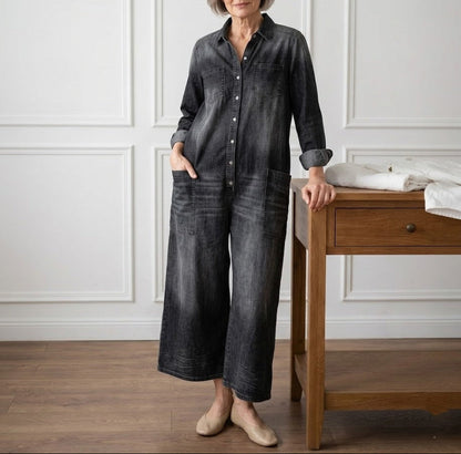 Saylor - Pantalone di Spalline di Denim di Cotone Lavaggio Vintage con Chiusura di Bottone