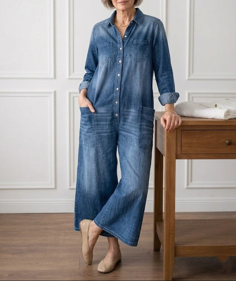 Saylor - Pantalone di Spalline di Denim di Cotone Lavaggio Vintage con Chiusura di Bottone