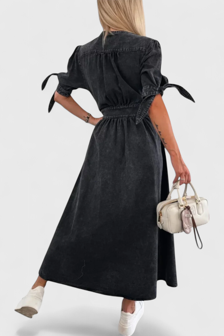 Adelina Abito midi in denim con Bottoni e scollo a V