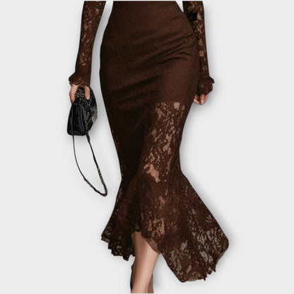 Abito midi Elegante in pizzo con Collo alto