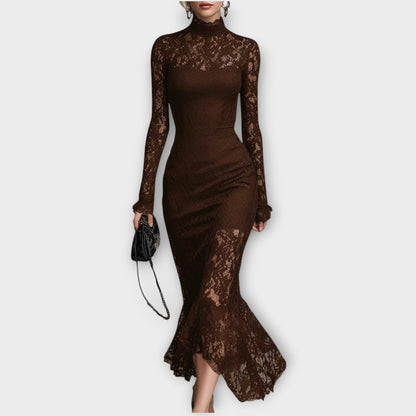 Abito midi Elegante in pizzo con Collo alto