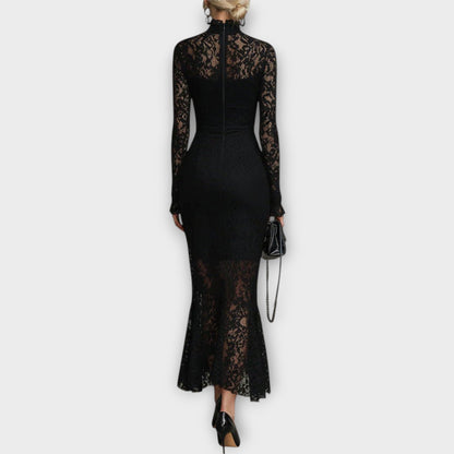 Abito midi Elegante in pizzo con Collo alto
