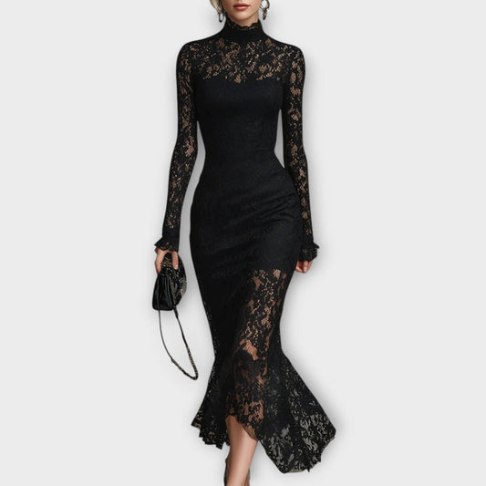 Abito midi Elegante in pizzo con Collo alto
